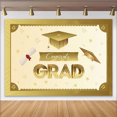Lofaris Elegant Gold Graduation Backdrop with Cap and Diploma, Sparkling Congrats Banner for Party Decoration