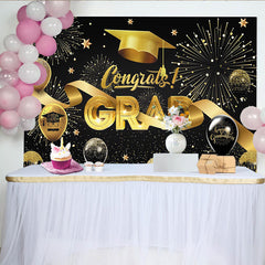Lofaris Black and Gold Congrats Grad Graduation Backdrop with Cap and Fireworks, Sparkling Balloons and Stars Party Decor