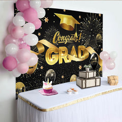 Lofaris Black and Gold Congrats Grad Graduation Backdrop with Cap and Fireworks, Sparkling Balloons and Stars Party Decor