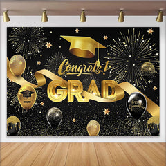 Lofaris Black and Gold Congrats Grad Graduation Backdrop with Cap and Fireworks, Sparkling Balloons and Stars Party Decor