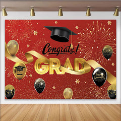 Lofaris Red and Gold Graduation Backdrop with Congrats Grad and Cap, Sparkling Party Background for Celebration Decor