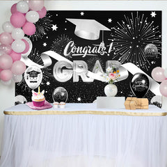 Lofaris Black and Silver Graduation Backdrop with Fireworks, Congrats Grad Balloons and Cap for Party Decor Photo Booth Prop