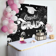 Lofaris Black and Silver Graduation Backdrop with Fireworks, Congrats Grad Balloons and Cap for Party Decor Photo Booth Prop