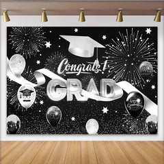 Lofaris Black and Silver Graduation Backdrop with Fireworks, Congrats Grad Balloons and Cap for Party Decor Photo Booth Prop