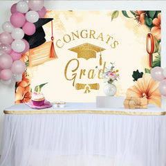 Lofaris Gold Glitter Congrats Grad Graduation Backdrop with Watercolor Flowers, Elegant Party Decor for Photoshoot