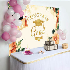 Lofaris Gold Glitter Congrats Grad Graduation Backdrop with Watercolor Flowers, Elegant Party Decor for Photoshoot
