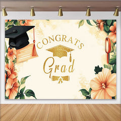 Lofaris Gold Glitter Congrats Grad Graduation Backdrop with Watercolor Flowers, Elegant Party Decor for Photoshoot