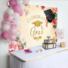 Lofaris Golden Glitter Congrats Grad Graduation Backdrop, Elegant Floral Photo Booth Prop for Ceremony and Party Decor