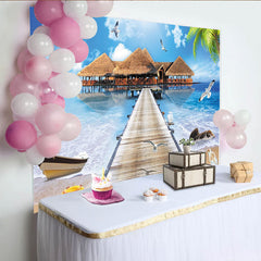 Lofaris Tropical Beach Photography Backdrop with Overwater Bungalows and Wooden Pier, Blue Ocean Scenery Background for Studio Photoshoot