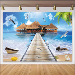 Lofaris Tropical Beach Photography Backdrop with Overwater Bungalows and Wooden Pier, Blue Ocean Scenery Background for Studio Photoshoot