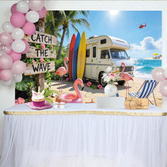Lofaris Summer Beach Photography Backdrop with Camper Van, Surfboards and Flamingos, Tropical Ocean Background for Vacation Photoshoot