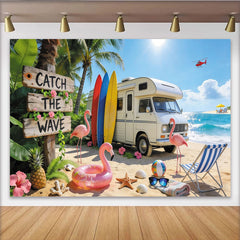 Lofaris Summer Beach Photography Backdrop with Camper Van, Surfboards and Flamingos, Tropical Ocean Background for Vacation Photoshoot