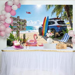 Lofaris Sunny Summer Beach Photography Backdrop with Ocean Waves and Surfboards, Tropical Vacation Background for Party Decor and Photoshoot