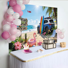 Lofaris Sunny Summer Beach Photography Backdrop with Ocean Waves and Surfboards, Tropical Vacation Background for Party Decor and Photoshoot
