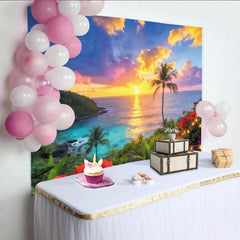 Lofaris Vibrant Tropical Beach Sunset Photography Backdrop with Palm Trees, Beautiful Ocean Scenery Background for Summer Party Photoshoot