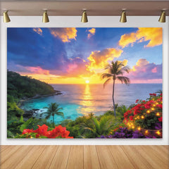 Lofaris Vibrant Tropical Beach Sunset Photography Backdrop with Palm Trees, Beautiful Ocean Scenery Background for Summer Party Photoshoot