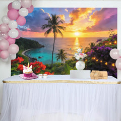 Lofaris Vibrant Tropical Sunset Photography Backdrop with Palm Trees, Dreamy Ocean Beach Scene Background with Fairy Lights