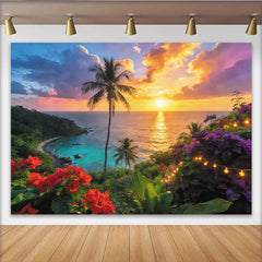 Lofaris Vibrant Tropical Sunset Photography Backdrop with Palm Trees, Dreamy Ocean Beach Scene Background with Fairy Lights
