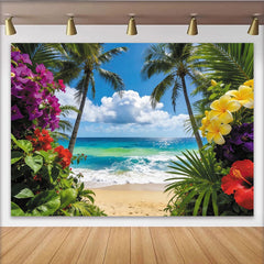 Lofaris Vibrant Tropical Beach Photography Backdrop with Palm Trees Colorful Blooms, Stunning Ocean Scenery Background for Summer Photoshoots