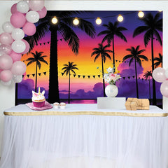 Lofaris Vibrant Tropical Sunset Photography Backdrop with Palm Trees and String Lights, Beach Party Background for Summer Photos