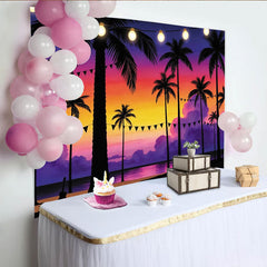 Lofaris Vibrant Tropical Sunset Photography Backdrop with Palm Trees and String Lights, Beach Party Background for Summer Photos
