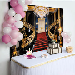 Lofaris Luxury Grand Staircase Photography Backdrop with Red Carpet and Gold Railings, Elegant Royal Mansion Background for Formal Events