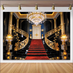 Lofaris Luxury Grand Staircase Photography Backdrop with Red Carpet and Gold Railings, Elegant Royal Mansion Background for Formal Events