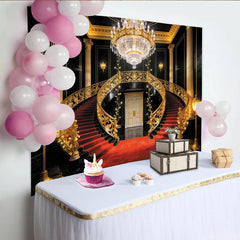 Lofaris Luxury Grand Staircase Photography Backdrop with Red Carpet and Golden Railings, Opulent Studio Background for Event Decor