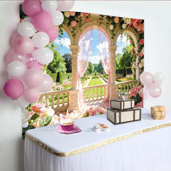 Lofaris Elegant Pink Rose Garden Arch Photography Backdrop with Sheer Curtains and Columns, Beautiful Photo Booth Prop for Wedding