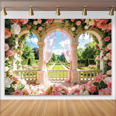 Lofaris Elegant Pink Rose Garden Arch Photography Backdrop with Sheer Curtains and Columns, Beautiful Photo Booth Prop for Wedding