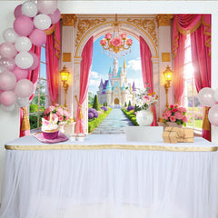 Lofaris Pink Princess Castle Birthday Backdrop with Golden Archway and Rose Chandelier, Enchanted Garden Photography for Girls