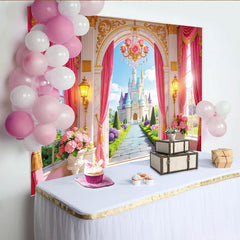 Lofaris Pink Princess Castle Birthday Backdrop with Golden Archway and Rose Chandelier, Enchanted Garden Photography for Girls