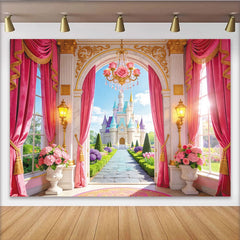 Lofaris Pink Princess Castle Birthday Backdrop with Golden Archway and Rose Chandelier, Enchanted Garden Photography for Girls
