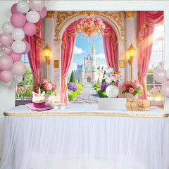 Lofaris Pink Princess Castle Birthday Backdrop with Golden Arch and Rose Chandelier, Fairytale Garden Photography Background for Girls Party