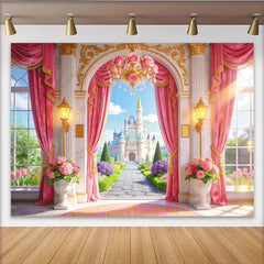 Lofaris Pink Princess Castle Birthday Backdrop with Golden Arch and Rose Chandelier, Fairytale Garden Photography Background for Girls Party