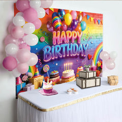 Lofaris Vibrant Rainbow Happy Birthday Backdrop with Colorful Balloons and Cakes, Festive Party Decoration for Photoshoot
