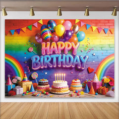 Lofaris Vibrant Rainbow Happy Birthday Backdrop with Colorful Balloons and Cakes, Festive Party Decoration for Photoshoot