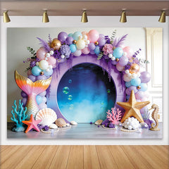 Lofaris Pastel Mermaid Birthday Backdrop with Balloons and Underwater Scene, Ocean Theme Party Decor for Girls Photoshoot and Celebration