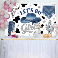 Lofaris Blue Cowgirl Disco Birthday Backdrop, Let's Go Girls and Glitter, Sparkling Boots, Hat, Cow Print Western Party Photo Booth Prop