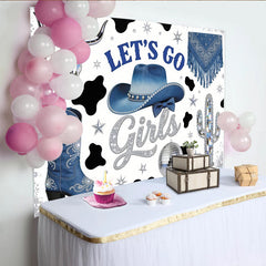 Lofaris Blue Cowgirl Disco Birthday Backdrop, Let's Go Girls and Glitter, Sparkling Boots, Hat, Cow Print Western Party Photo Booth Prop