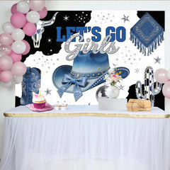 Lofaris Blue Glitter Cowgirl Disco Birthday Backdrop with Cowboy Hat and Boots, Western Themed Photo Booth Background for Girls Party