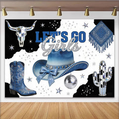 Lofaris Blue Glitter Cowgirl Disco Birthday Backdrop with Cowboy Hat and Boots, Western Themed Photo Booth Background for Girls Party