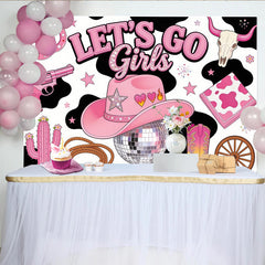 Lofaris Pink Disco Cowgirl Birthday Backdrop with Western Elements, Fun Party Decor for Girls Celebration