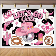 Lofaris Pink Disco Cowgirl Birthday Backdrop with Western Elements, Fun Party Decor for Girls Celebration