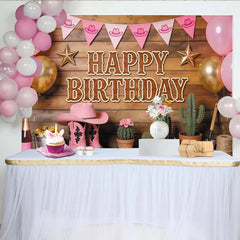 Lofaris Pink Cowgirl Birthday Backdrop with Balloons and Boots, Rustic Western Party Decor for Photoshoot