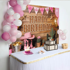 Lofaris Pink Cowgirl Birthday Backdrop with Balloons and Boots, Rustic Western Party Decor for Photoshoot