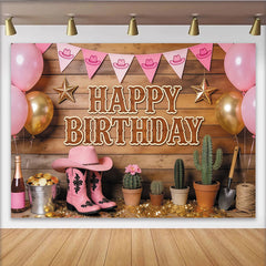 Lofaris Pink Cowgirl Birthday Backdrop with Balloons and Boots, Rustic Western Party Decor for Photoshoot
