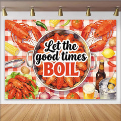 Lofaris Seafood Boil Holiday Backdrop with Crawfish and Red Checkered Tablecloth, Festive Party Decor for Summer Gathering