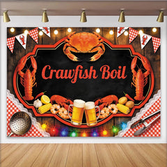 Lofaris Rustic Wood Crawfish Boil Backdrop for Summer Party, Red Gingham Seafood Feast Banner for Picnic Decor