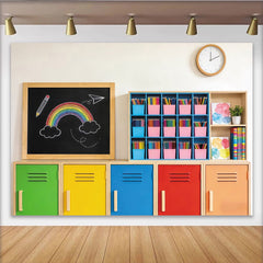 Lofaris Colorful Classroom Photography Backdrop with Rainbow Chalkboard, Vibrant School Locker Background for Kids Photoshoot